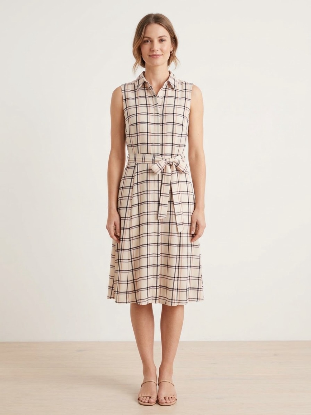 Banana Republic Cream Plaid Sleeveless Collared Dress with Tie Waist